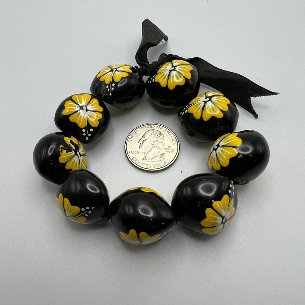 Hawaiian Necklace Bracelet Black Yellow Hibiscus‎ Flower Handmade Stretch